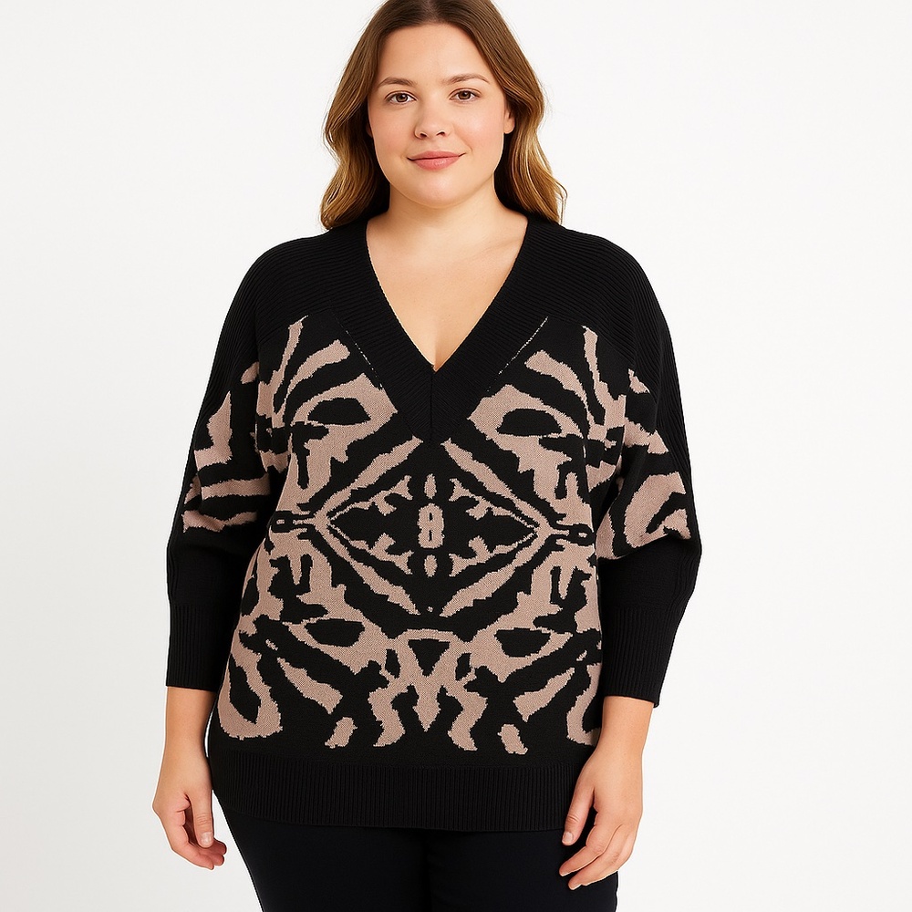 CATO Woman Black Beige Animal Print V Neck Sweater 14/16W
